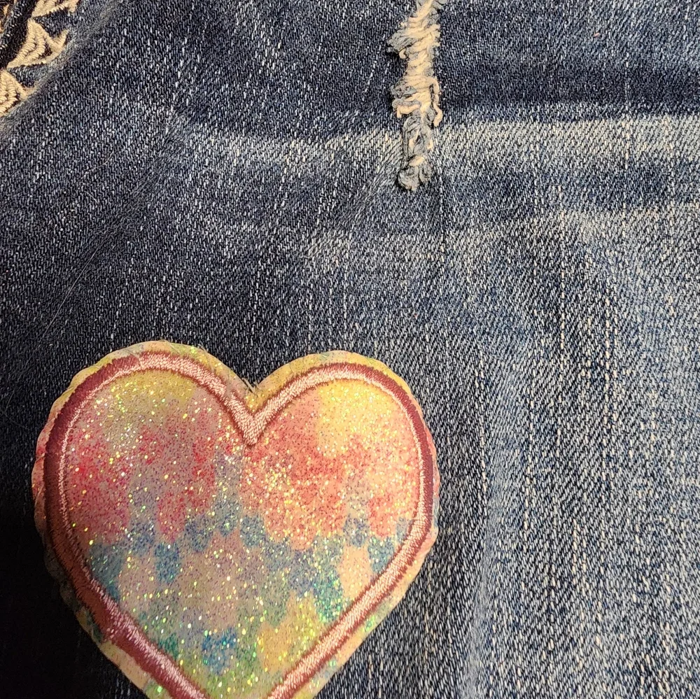 Women’s Dark Blue Distressed Jean Shorts with Heart Patch